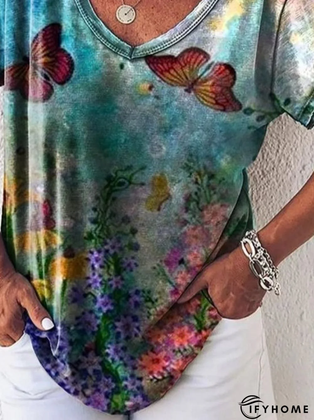 Shift Color-Block Short Sleeve V Neck T-shirt | IFYHOME