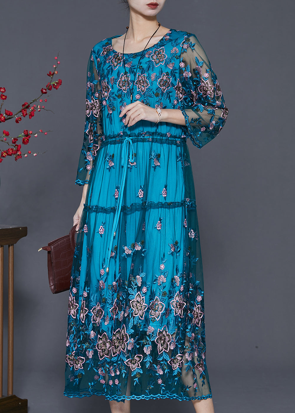 VCSHOES Blue Embroidered Tulle Cinched Dresses Summer