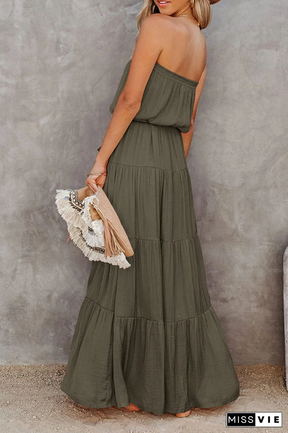 Fashion Casual Solid Frenulum Flounce Strapless Cake Skirt Dresses(8 Colors)