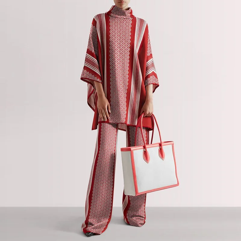 Striped Geometric Batwing Sleeves Two Pieces Set