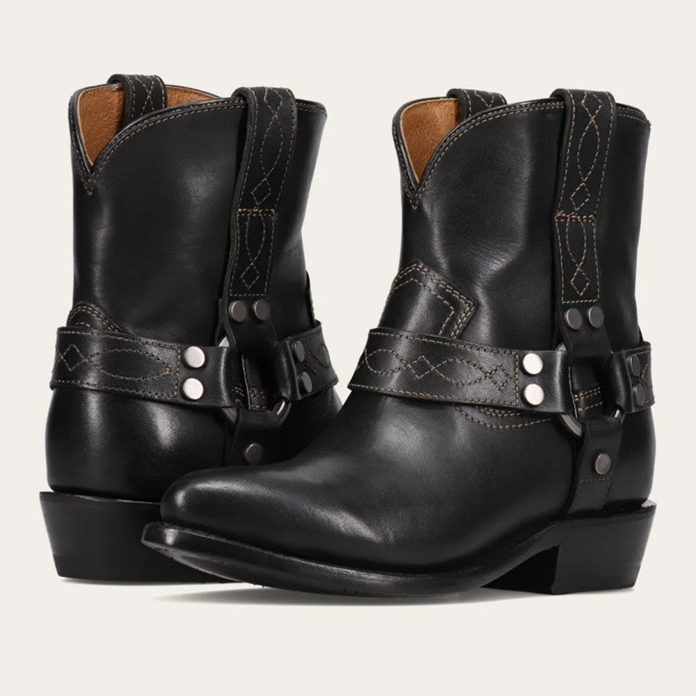 Black Pull Tab Round Toe Low Heel Studded Buckle Strap Ankle Boots