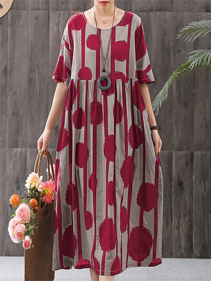 Dot Print Round Neck Pullover Short Sleeve Large Loose Casual Medium Length Dress | IFYHOME