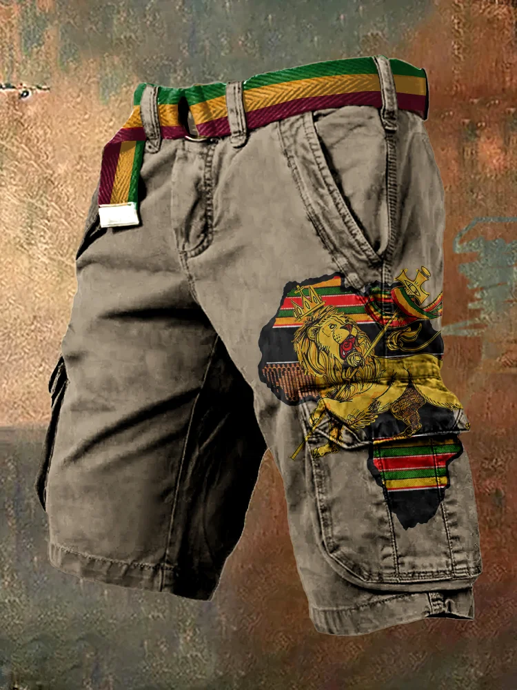 Comstylish Men's Reggae Lion Africa Map Graphic Art Cargo Shorts