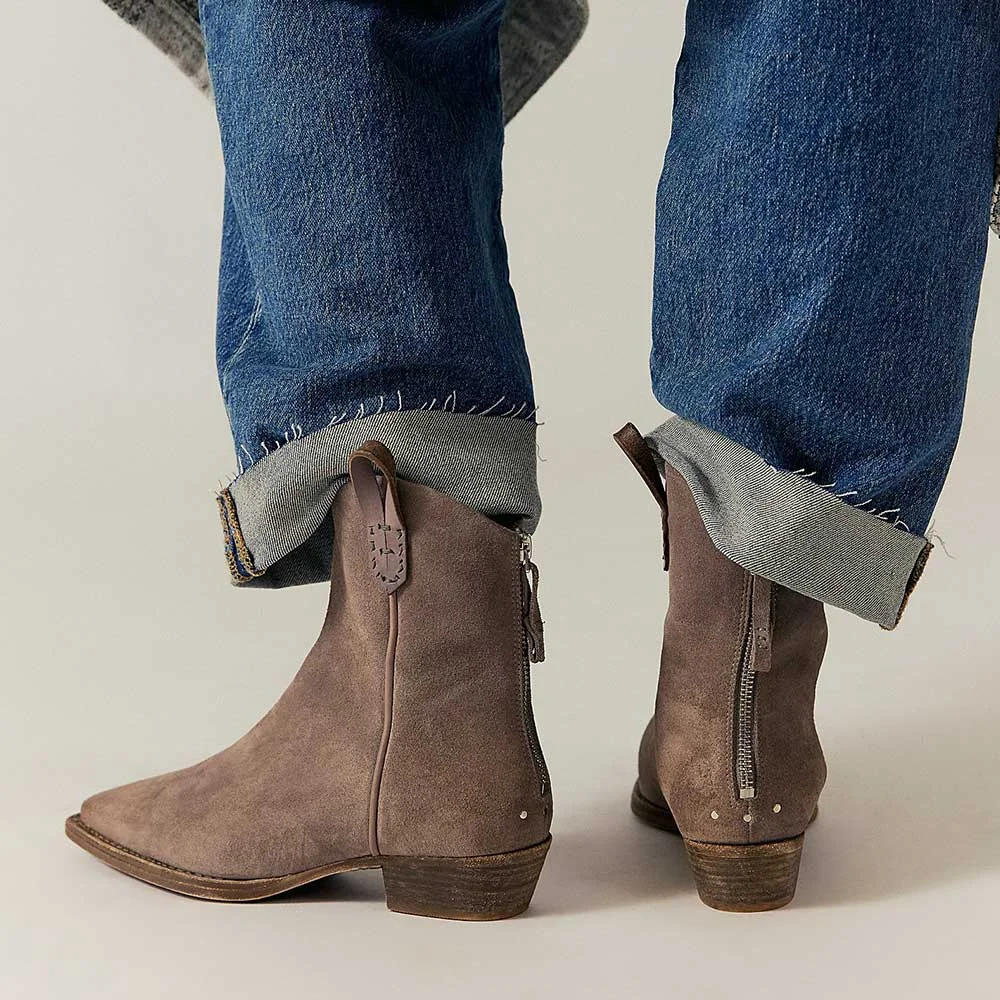 Taupe Vegan Suede Side Tab Back Zipper Western Boots for Women