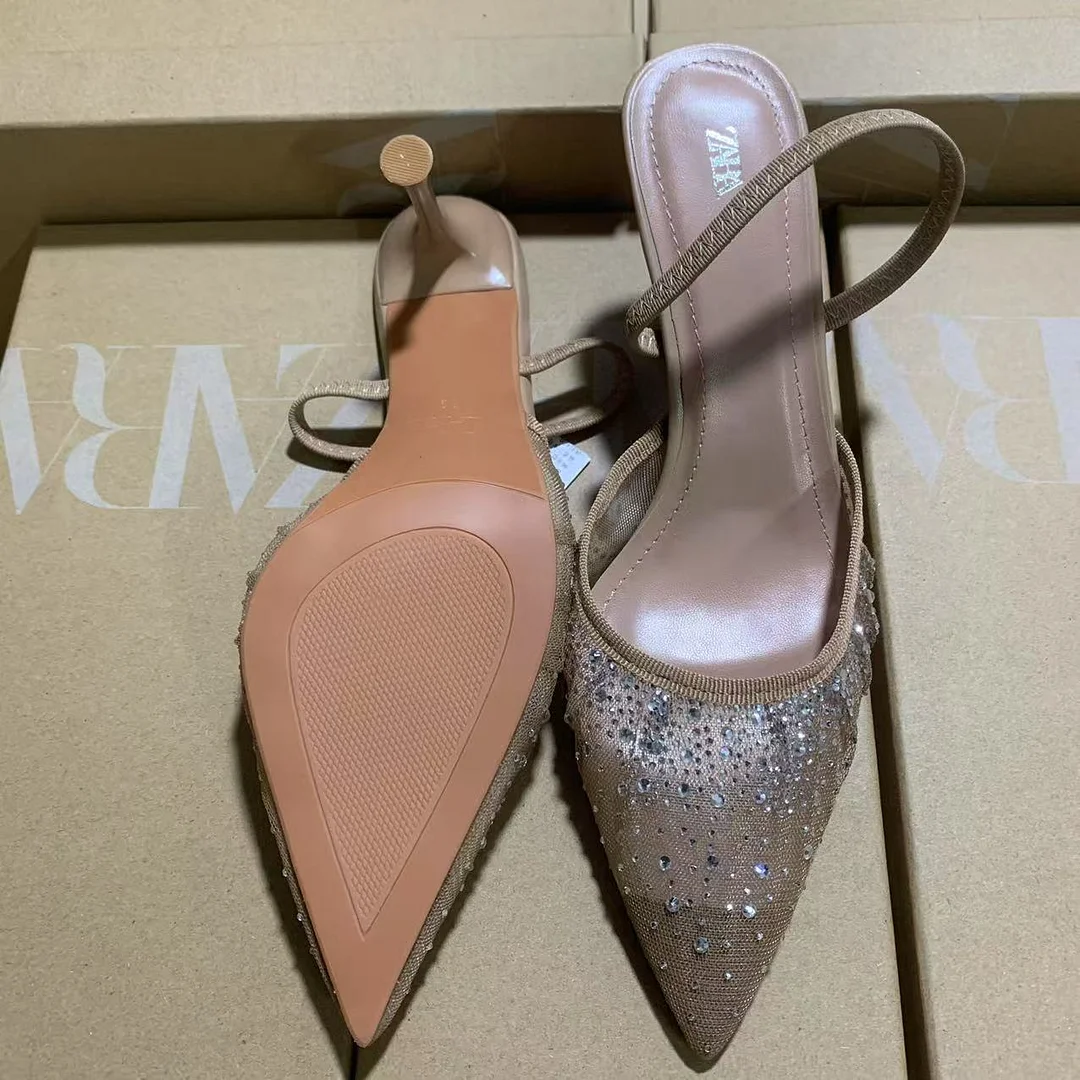 Breakj Breakj New Products 2025 French Pointed High-Heeled Shoes Apricot-Color Net Sand Drill After The Stumbling Banding And Fine And Cool