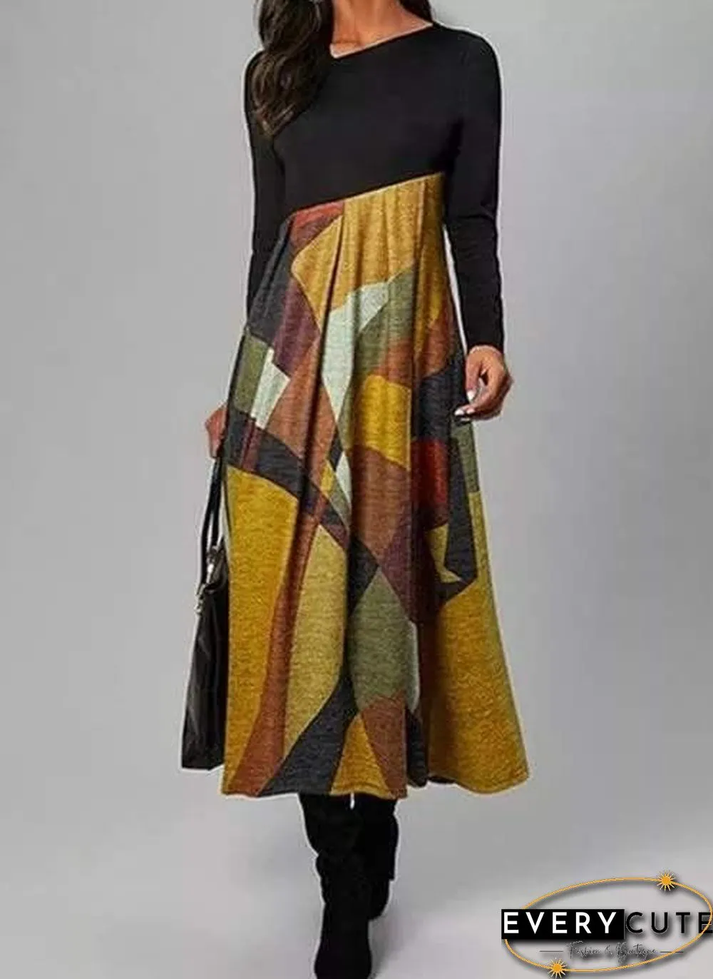 Round Neck Printed Pleated Maxi Dress