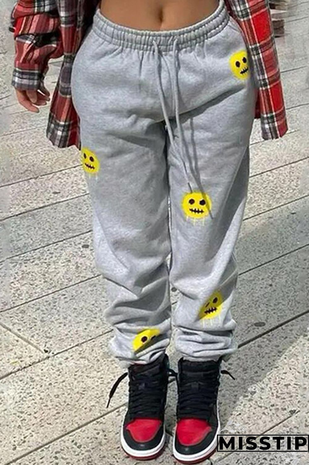 Grey Fashion Casual Print Basic Regular Mid Waist Trousers