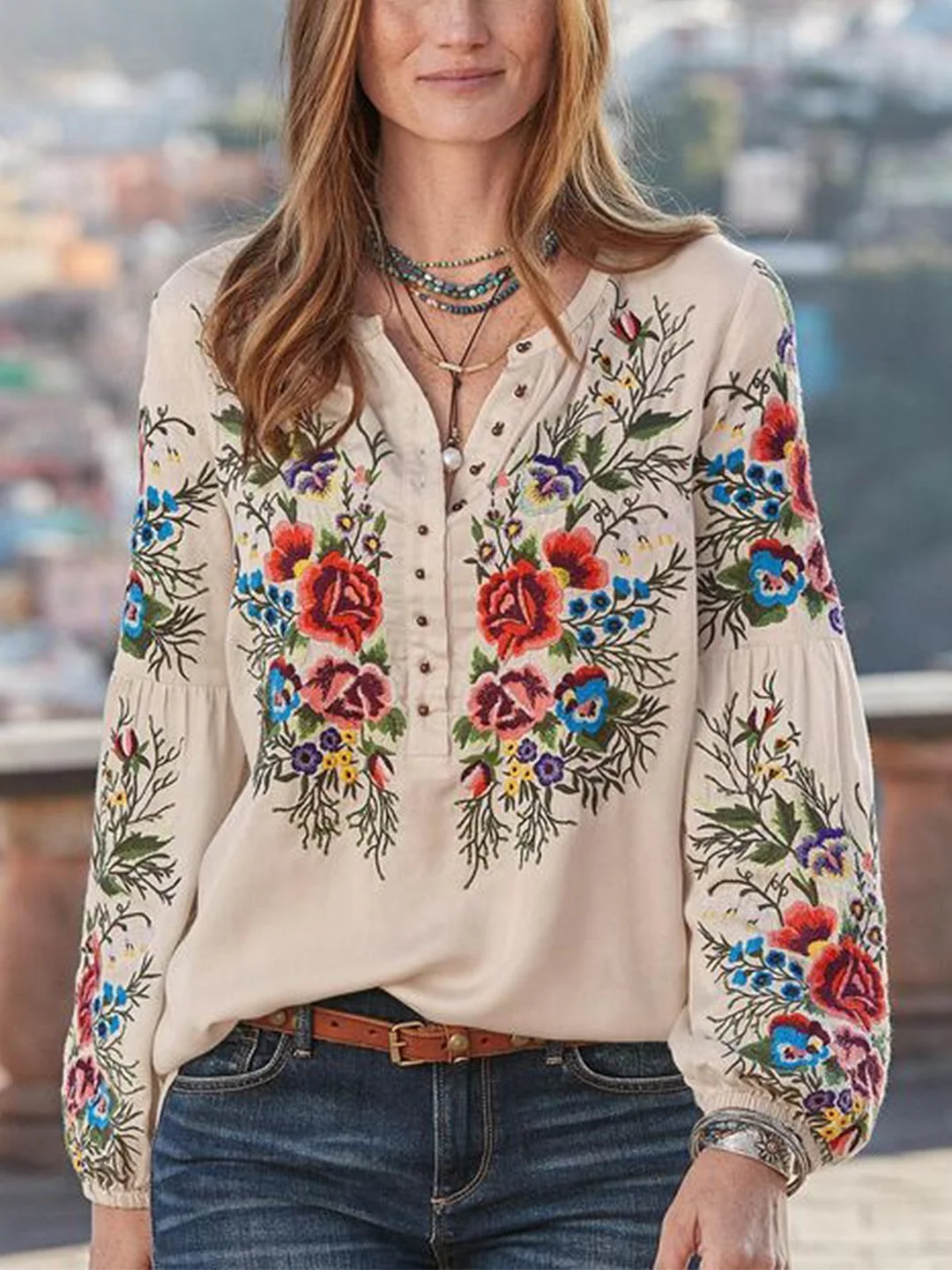 Beautiful Floral V Neck Long Sleeve Casual Shirts for Women