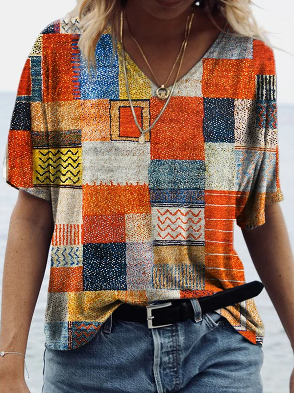 Ethnic Geometric Art V Neck T Shirt