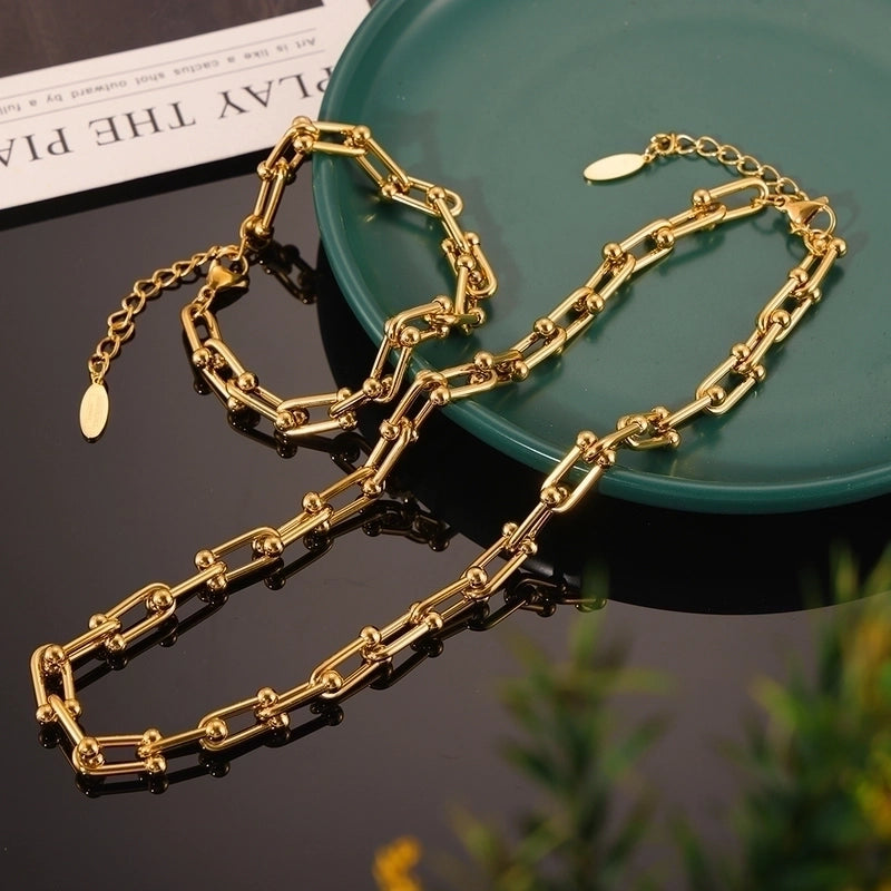 Hip-Hop Minimalist U Shape 304 Stainless Steel 18K Gold Plated Plating Bracelets Necklace Jewelry Set