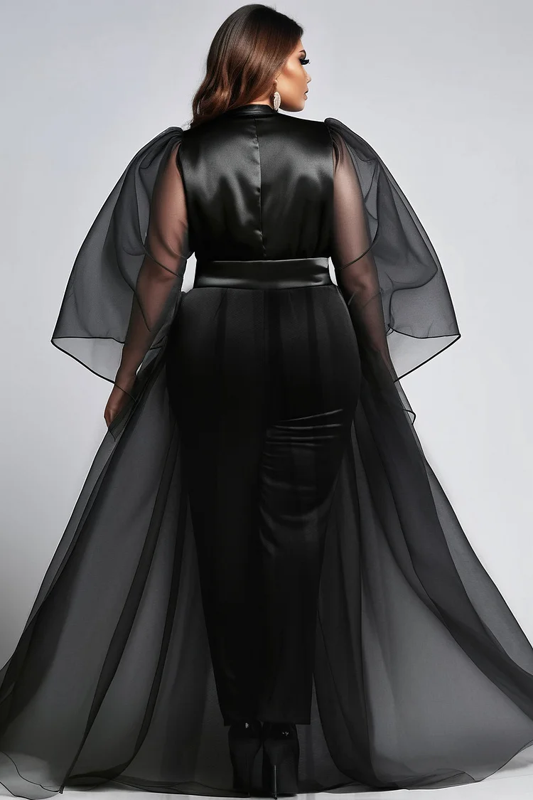 Xpluswear Design Plus Size Formal Tulle Black V Neck Puff Sleeve 3/4 Sleeve See Through Peplum Satin Jumpsuits [Pre-Order]
