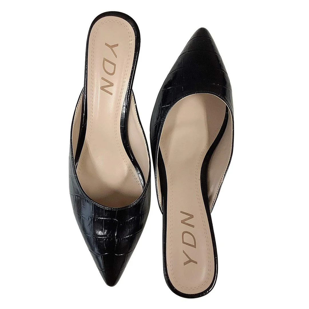 YDN Chic Black Pointed Toe Croc Embossed Kitten Heeled Mules