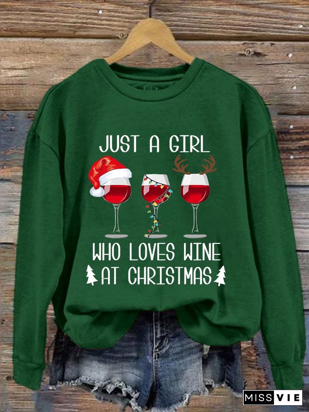 Women's Just A Girl Who Loves Christmas Red Wine Glass Print Crew Neck Sweatshirt