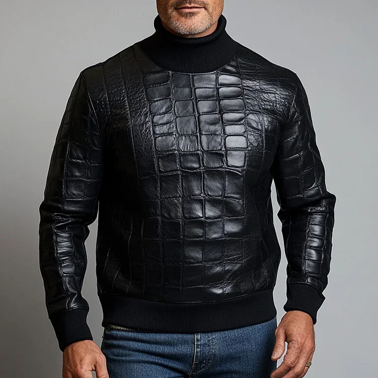 Mens PU Leather Crocodile Skin Pattern Long Sleeve High Neck Swea-inspireuse