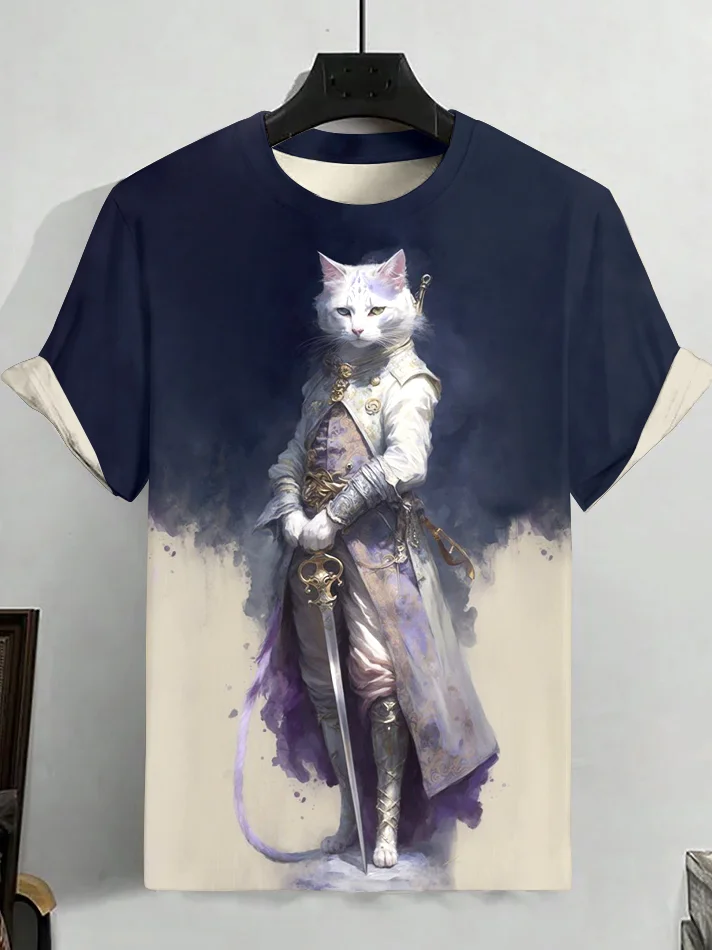 Men's Retro Painted Samurai Cat Art Print Casual T-Shirt