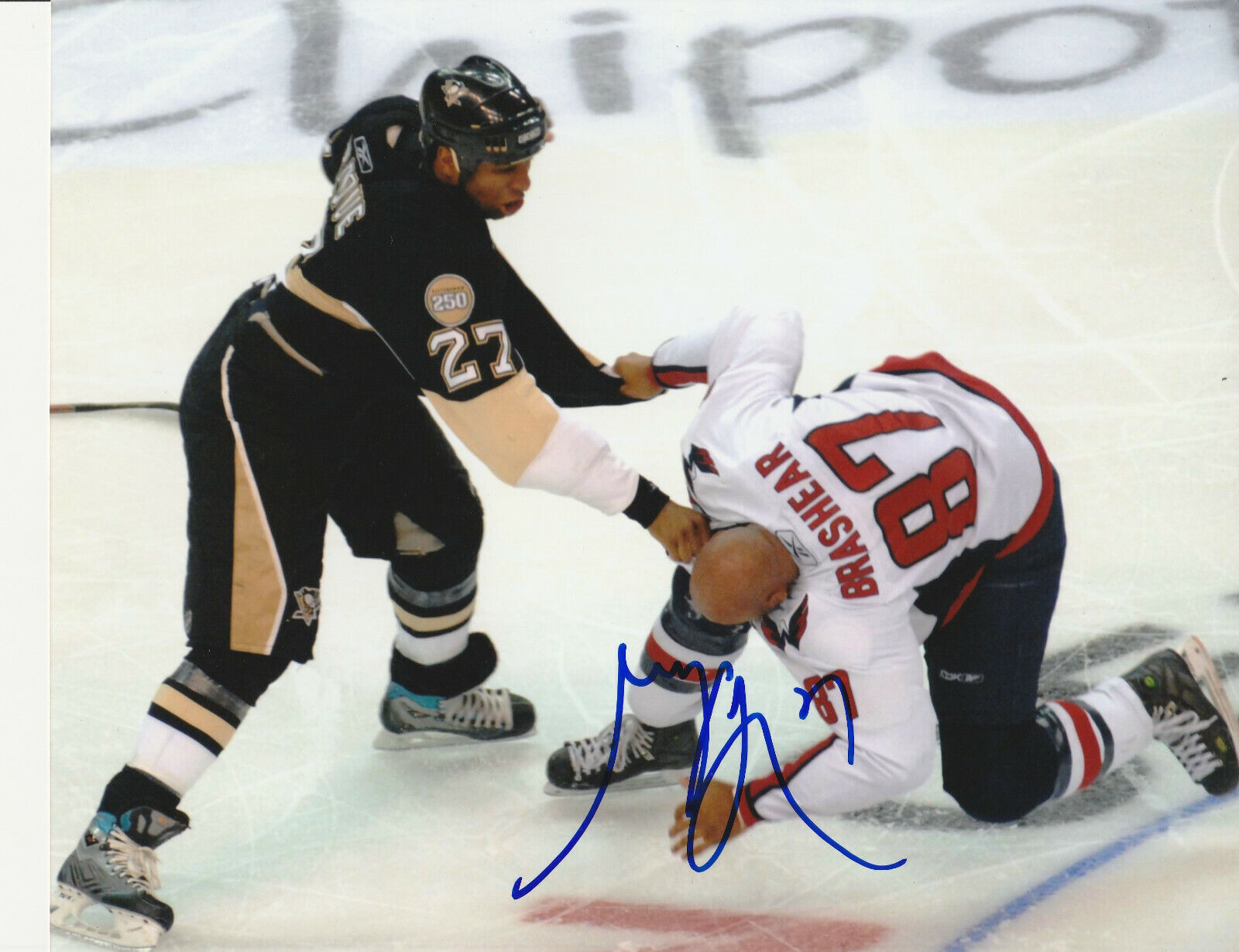 AWESOME GEORGES LARAQUE SIGNED PITTSBURGH PENGUINS FIGHT 8x10 Photo Poster painting! Autograph