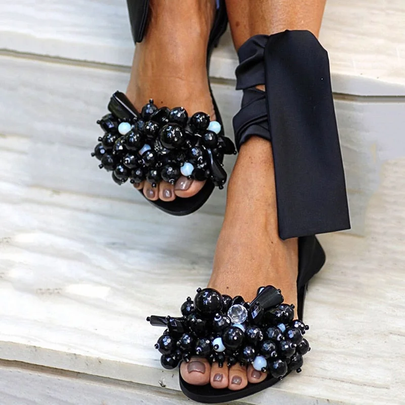 comemore New Sandals Woman Summer Female Fashion Lace Up Flat Sandal Non-slip Cute Beads Flower Sandals Casual Band Ladies Shoes