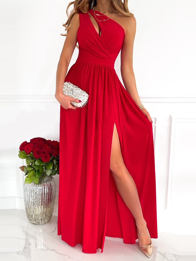 Romantic Red Flower Asymmetrical Keyhole Maxi Dress