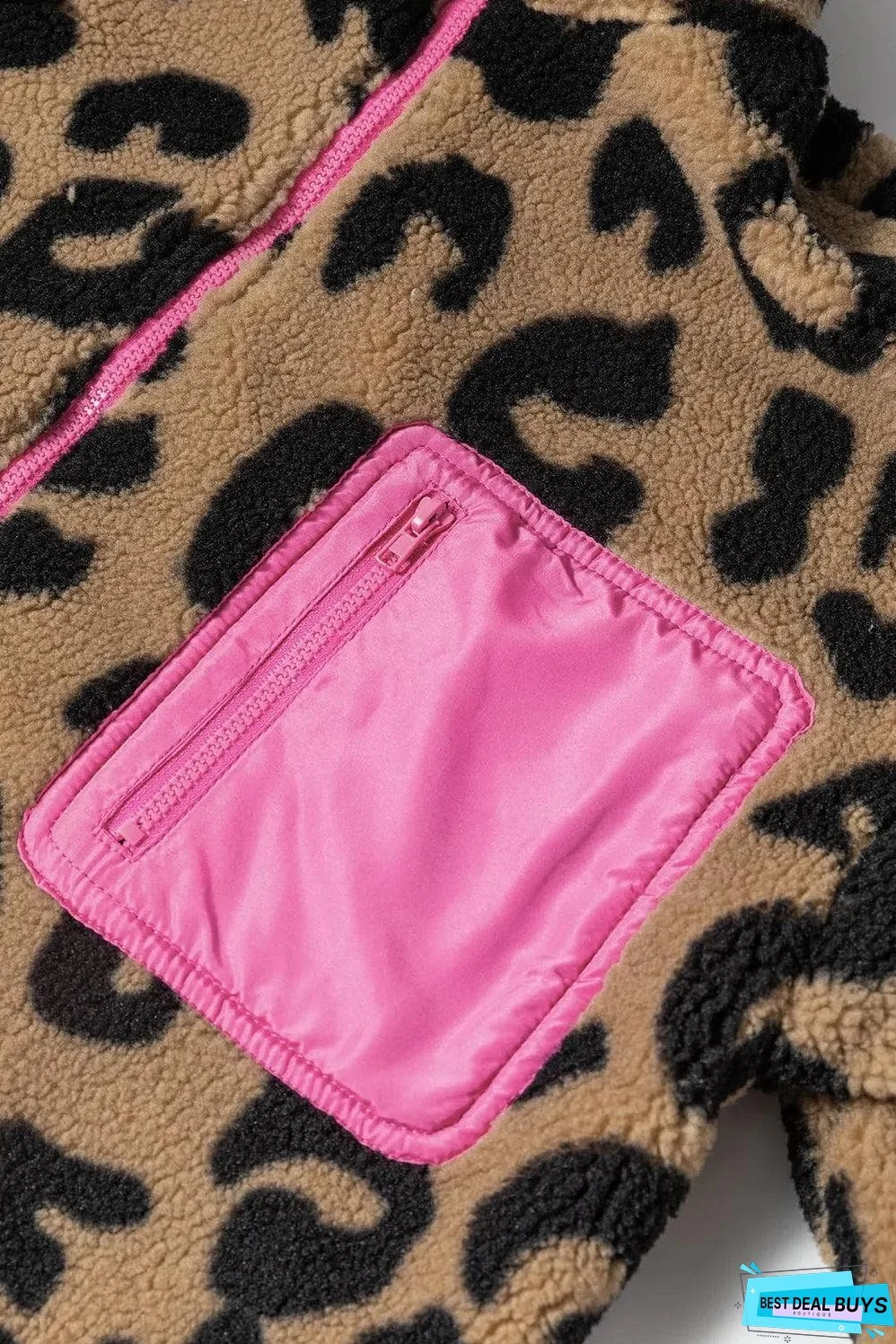 Leopard Colorblock Pocket Zipper Fuzzy Fleece Jacket