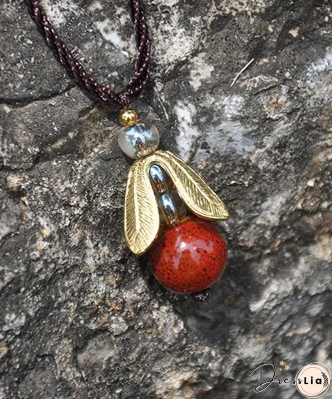 Vintage Green Hand Knitting Agate Golden Leaf Pendant Necklace