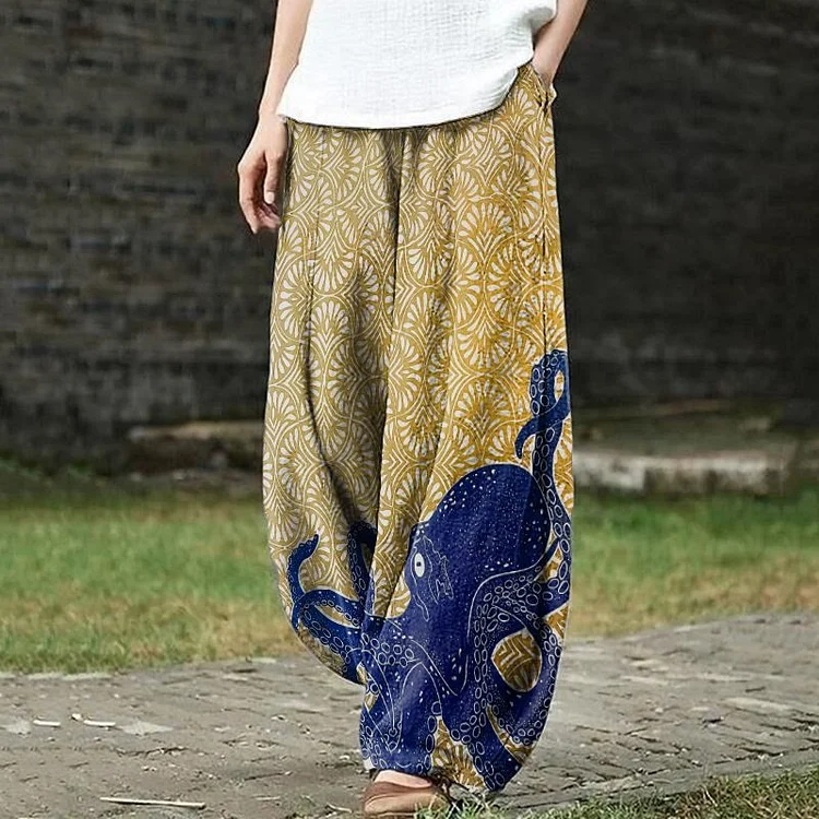 Japanese Style Octopus Art Print Linen Blend Casual Pants