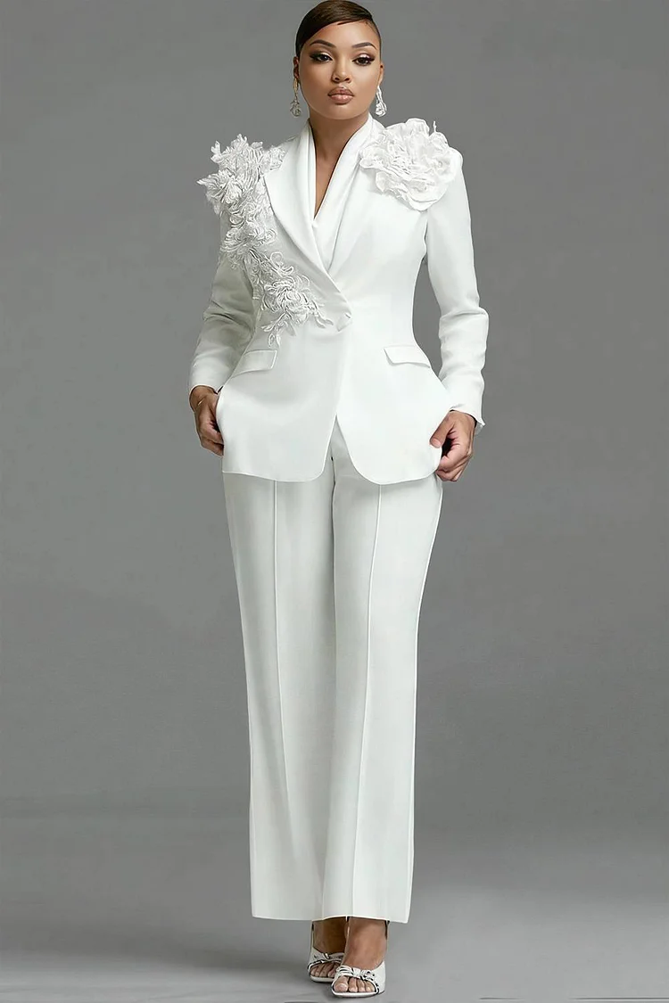 Xpluswear Design Plus Size Formal White Lapel Collar Long Sleeve 3D Pocket Two Piece Pant Suits 2024 - Xpluswear