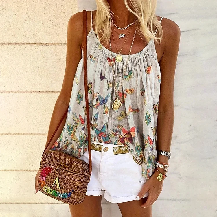 Casual Butterfly Print Suspender Top