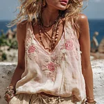 Women‘s Pink Rose Embroidery V-neck Tank Top - Image 2