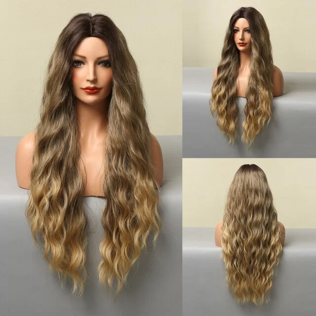 Blonde Golden Long Wave Synthetic Wigs Ombre Brown Curly Natural Hairs Heat Resistant Wigs for Daily Cosplay Party