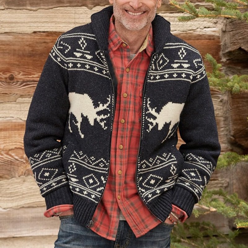 Black Fawn Jacquard Sweater Zipper Long Sleeve Knitted Jacket