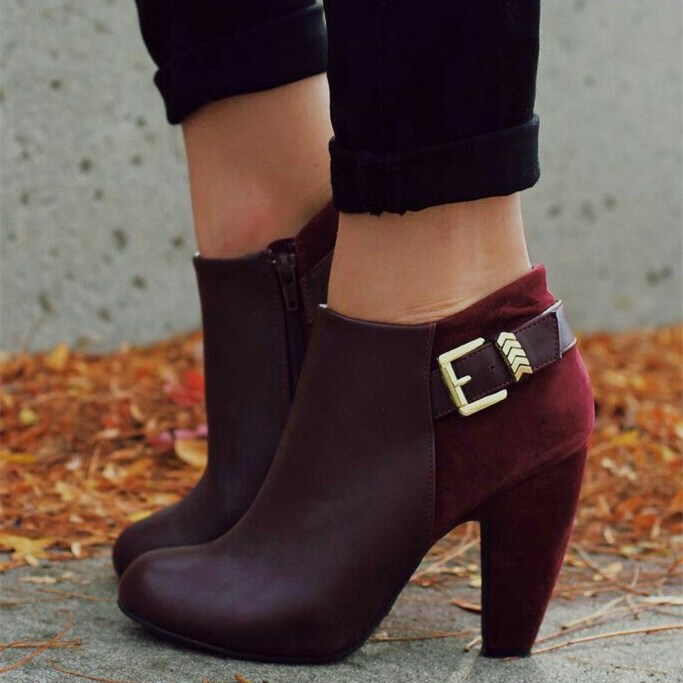 GOOSHOE Burgundy Buckle Chunky Heel Ankle Boots