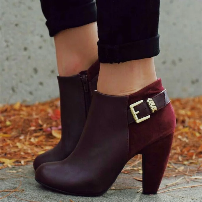 Burgundy Round Toe Ankle Buckle Chunky Heel Booties for Women |FSJ Shoes