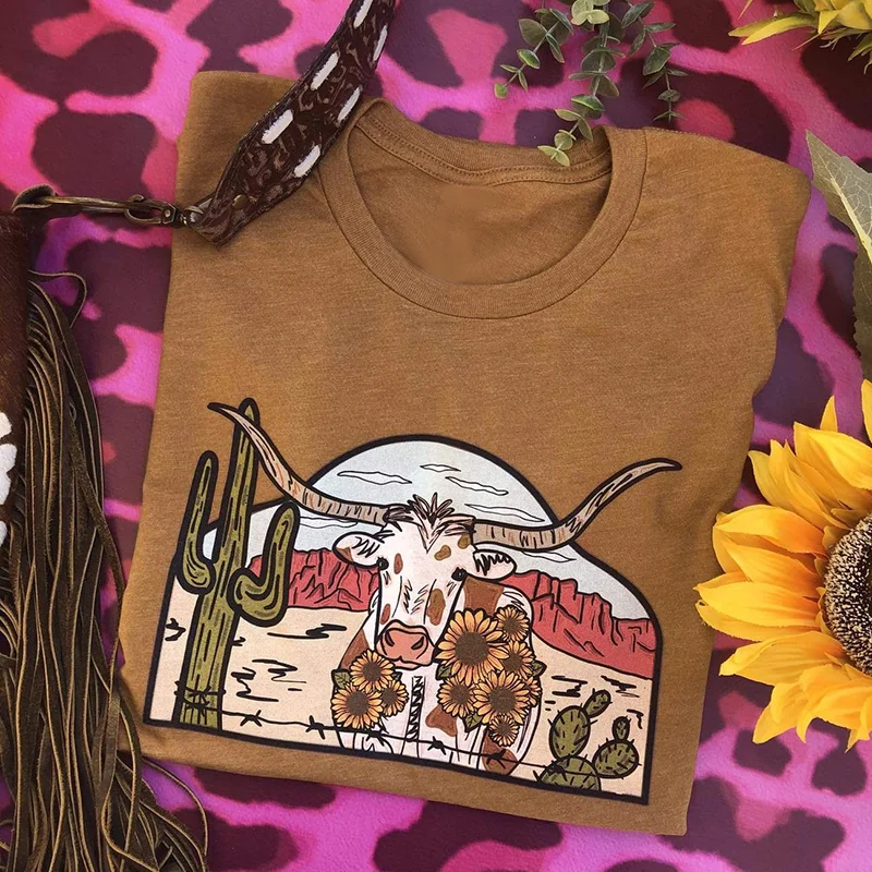 Tibetan Antelope Cactus Sunflower Cow Skull Graphic Women T-shirt
