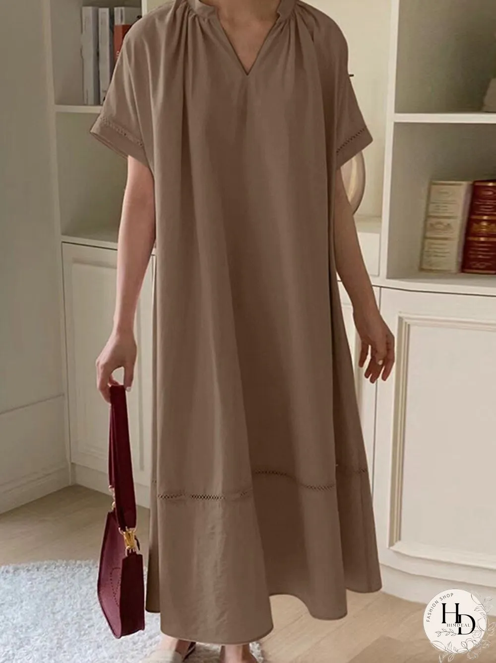 Solid Color Stitching Pleated V Neck Loose Dress