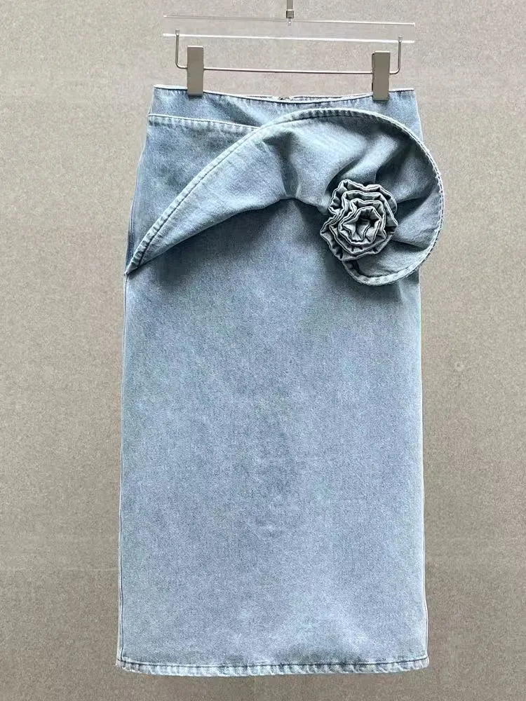 Women's Spring Autumn Versatile Split Denim Skirt High Waist Washed American A-line Jeans Skirt for Women Medium Length Skirts