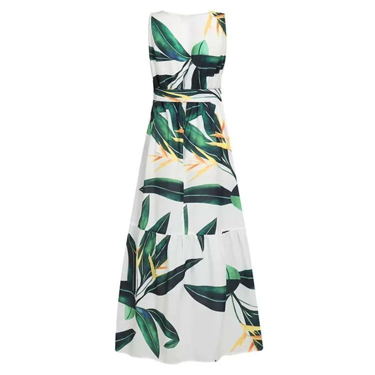 Asian green printed bouquet waist big hem long skirt sleeveless dress