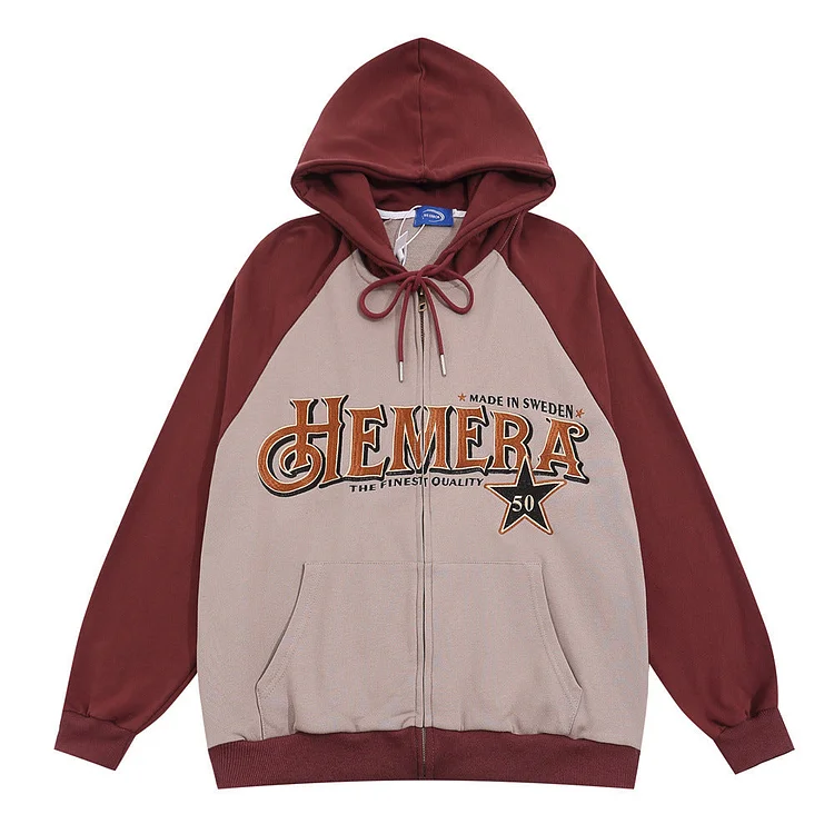 Men Hoodie Color-Block Raglan Sleeves Hooded Jacket Men's Loose Letters