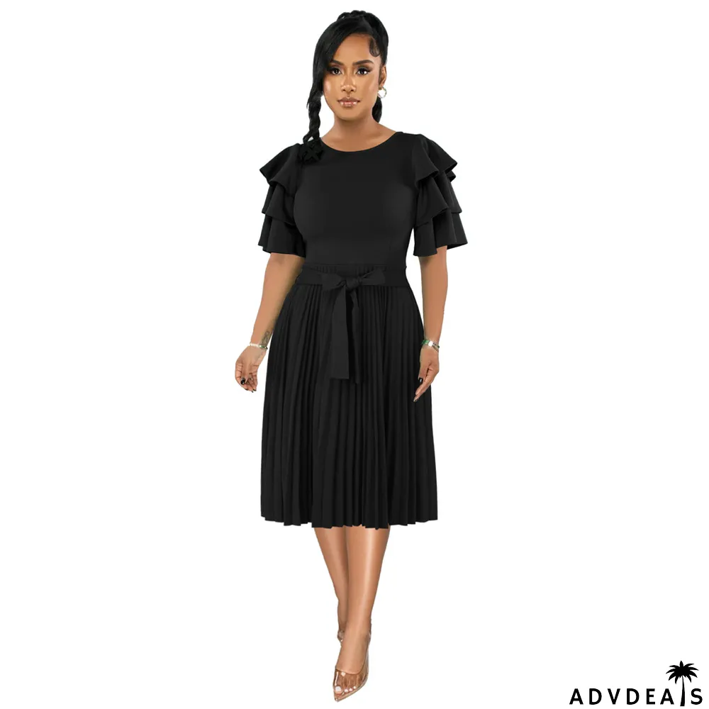 Summer Women Round Neck Ruffle Short Sleeve Pressed Pleated Dress