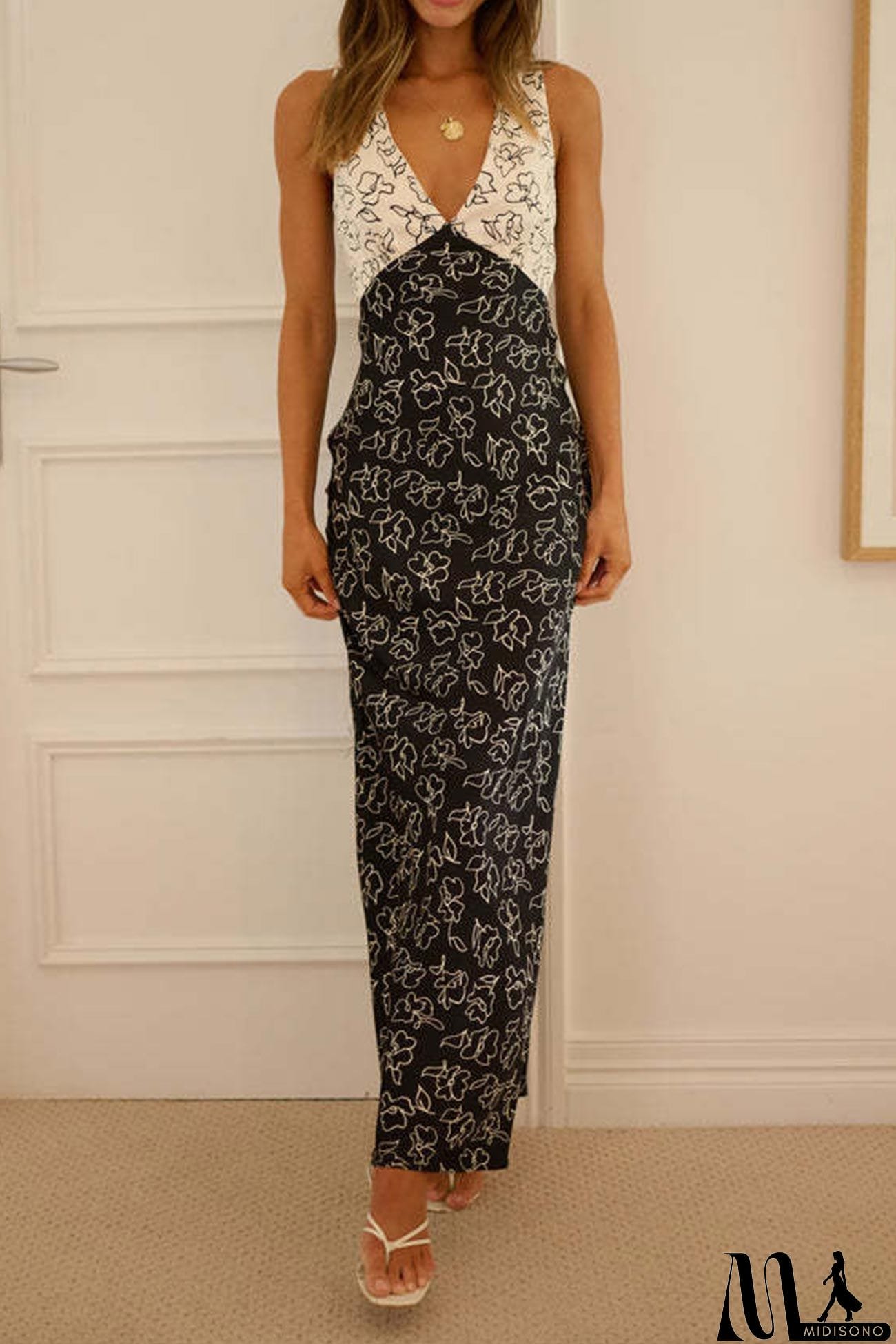 MidiSono - Contrast V Neck Floral Print Tie-back Dress