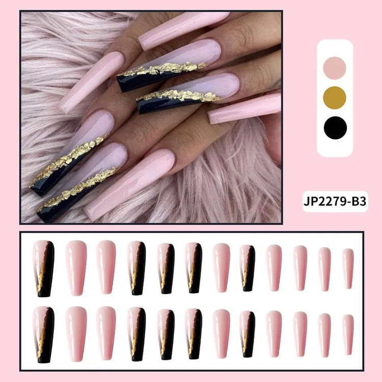 Long Coffin False Nails with designs French Pop Ballerina Fake Nails Flowers Press On Nail Tips Manicure Decoration Nail Art