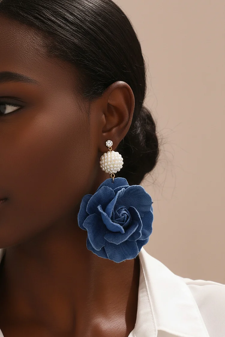 Party Denim Camellia Flower Plated Pearl Dangle Earrings 2024 - Xpluswear