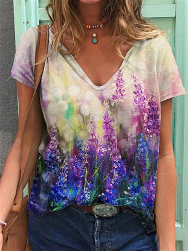 Lavender Elegant Art V Neck T Shirt  artssus