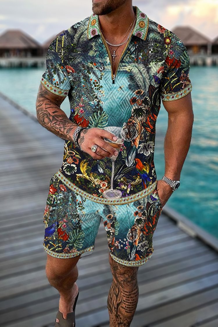 Tiboyz Fashion Outfits Baroque Polo Shirt And Shorts Two Piece Set