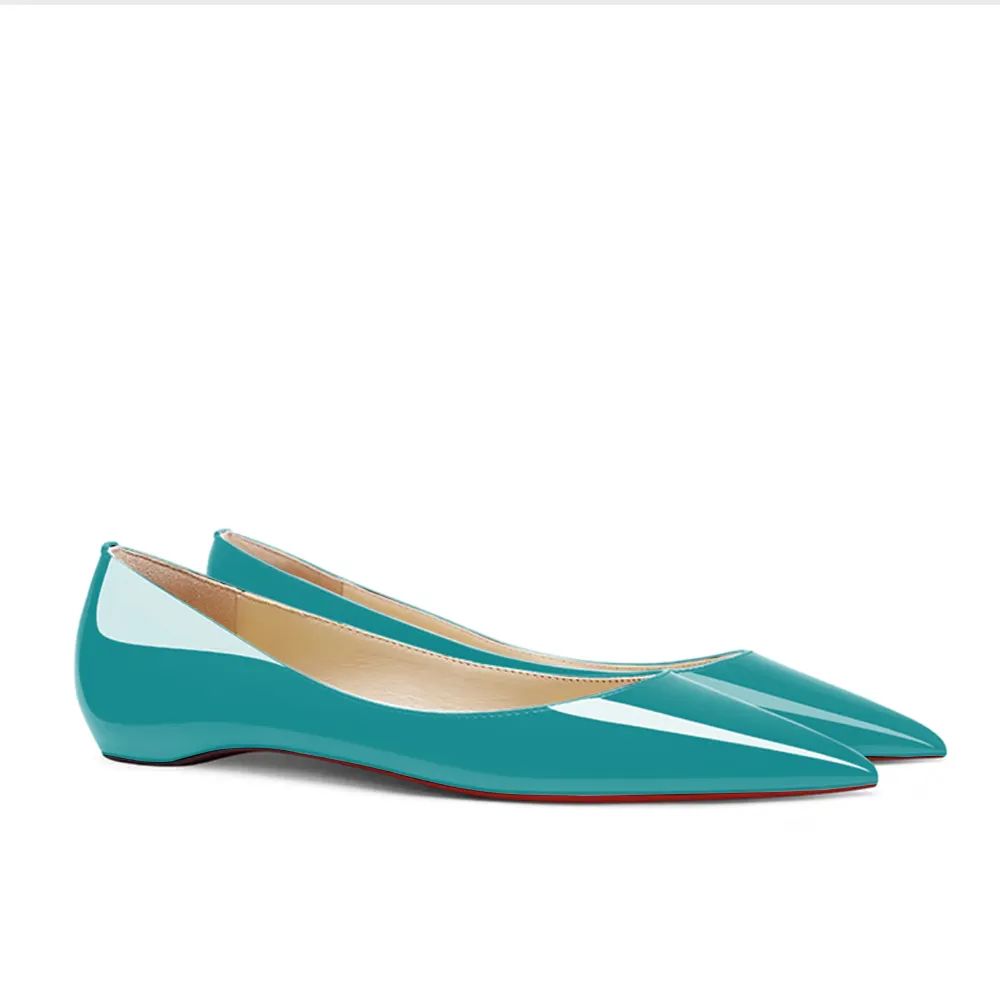 Women's Red Bottom Flat Shoes Pointed Toe Solid Color Patent Leather Shoes-vocosishoes