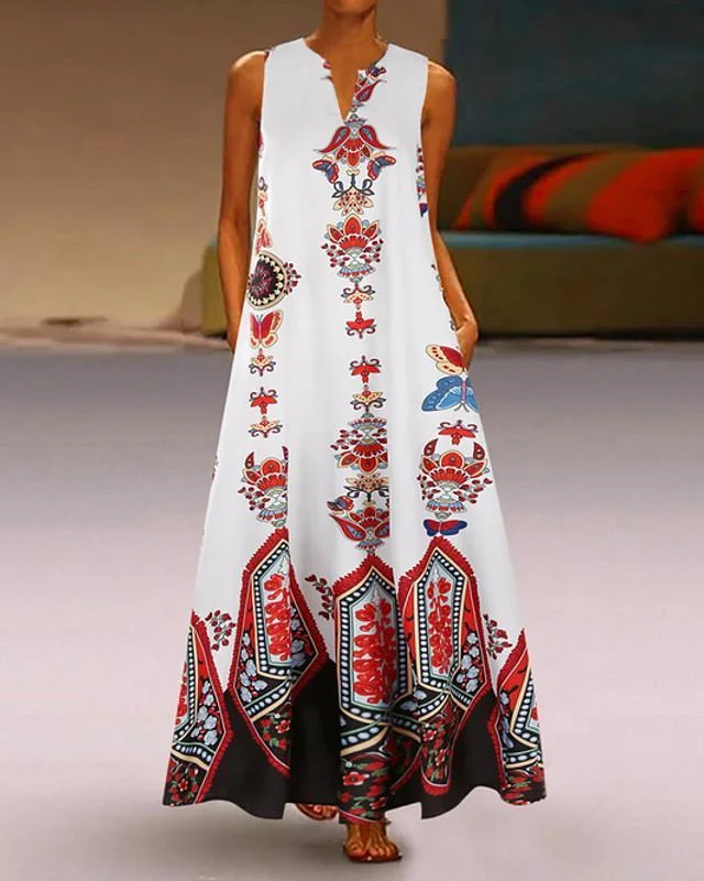 Women's A-Line Dress Maxi long Dress - Sleeveless Pocket Print Spring & Summer V Neck Hot Casual Boho Holiday White Black Blue Yellow Light Blue S M L XL XXL 3XL 4XL 5XL