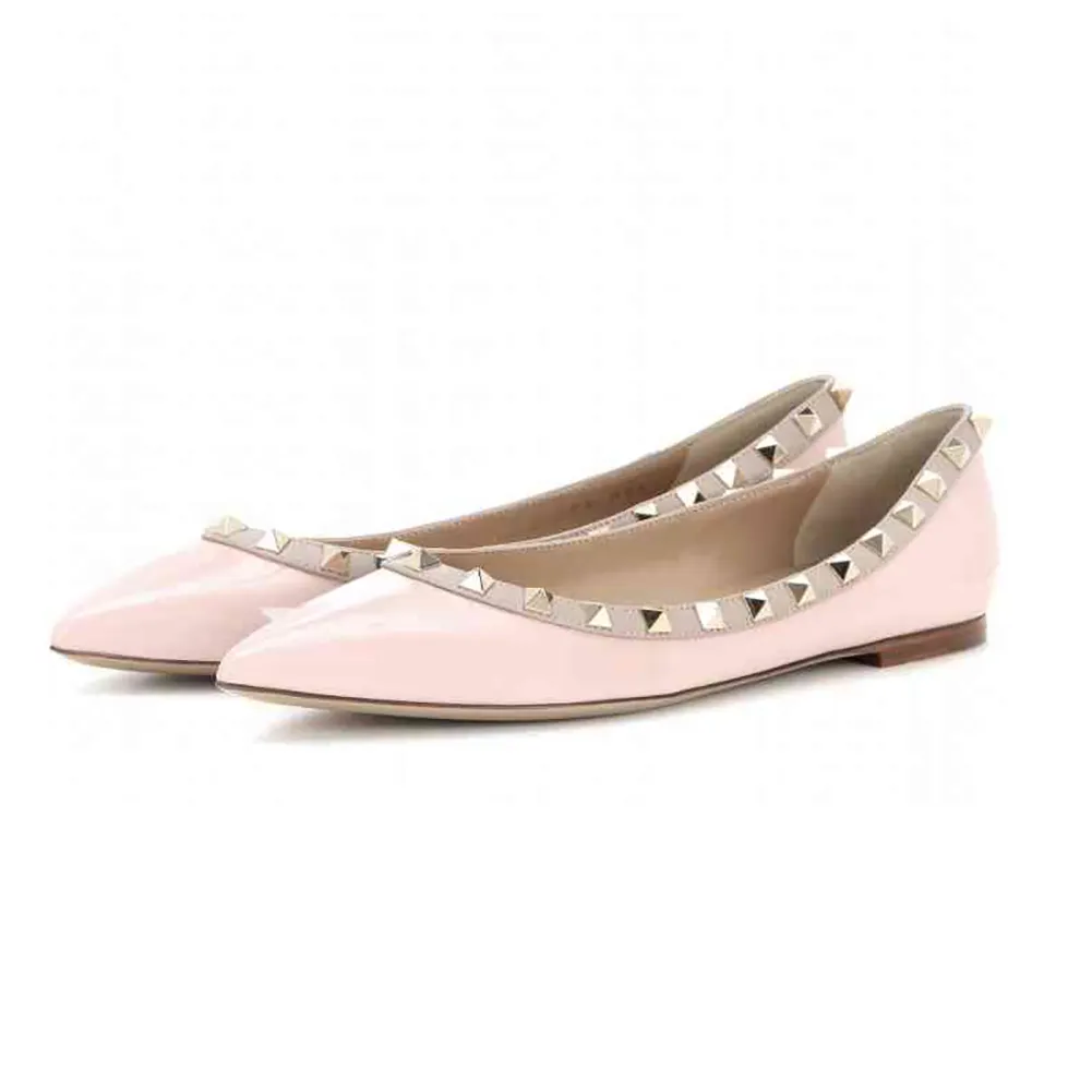 Pointed Toe Flats For Women Fashion Rivets Comfort Ballet Flats Pink Shoes-vocosishoes