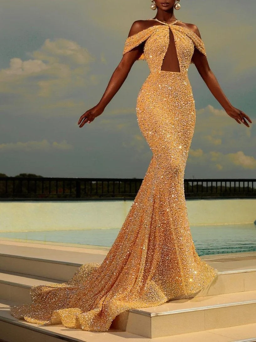 Zachics Gold Sequin Halter Mermaid Gorgeous Cut Out Evening dress-zachics