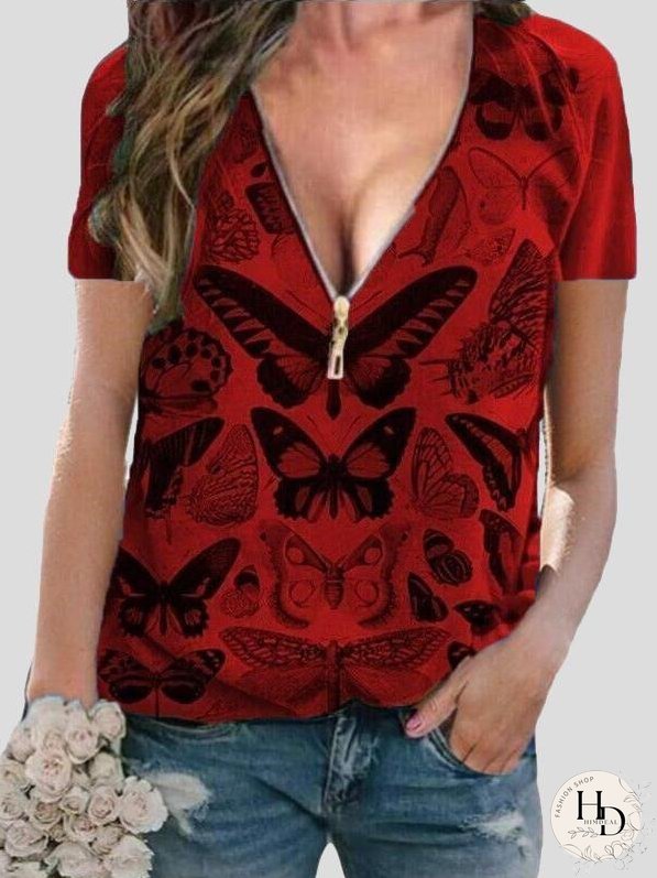 Butterfly Print Zipper V-neck Pullover Top