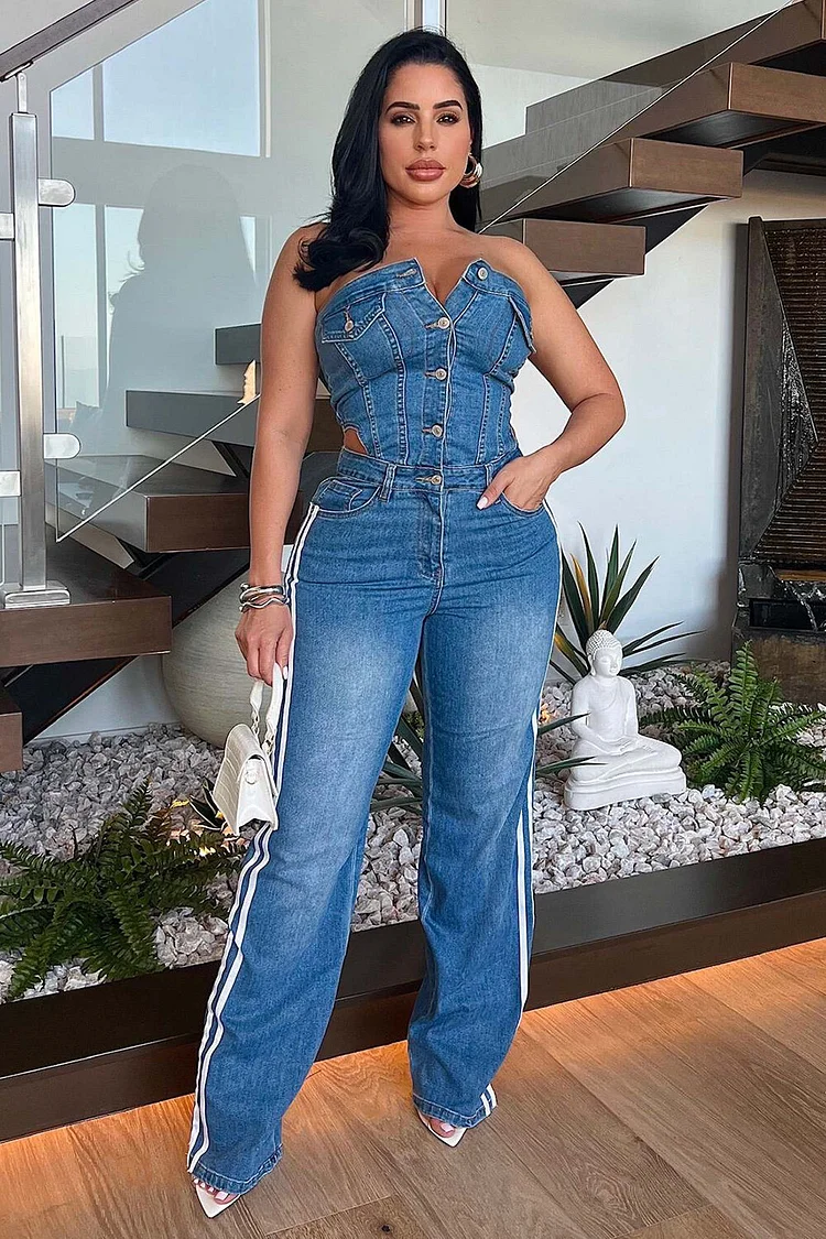 Strapless Button Up Side Striped Straight Leg Denim Jumpsuit-Blue