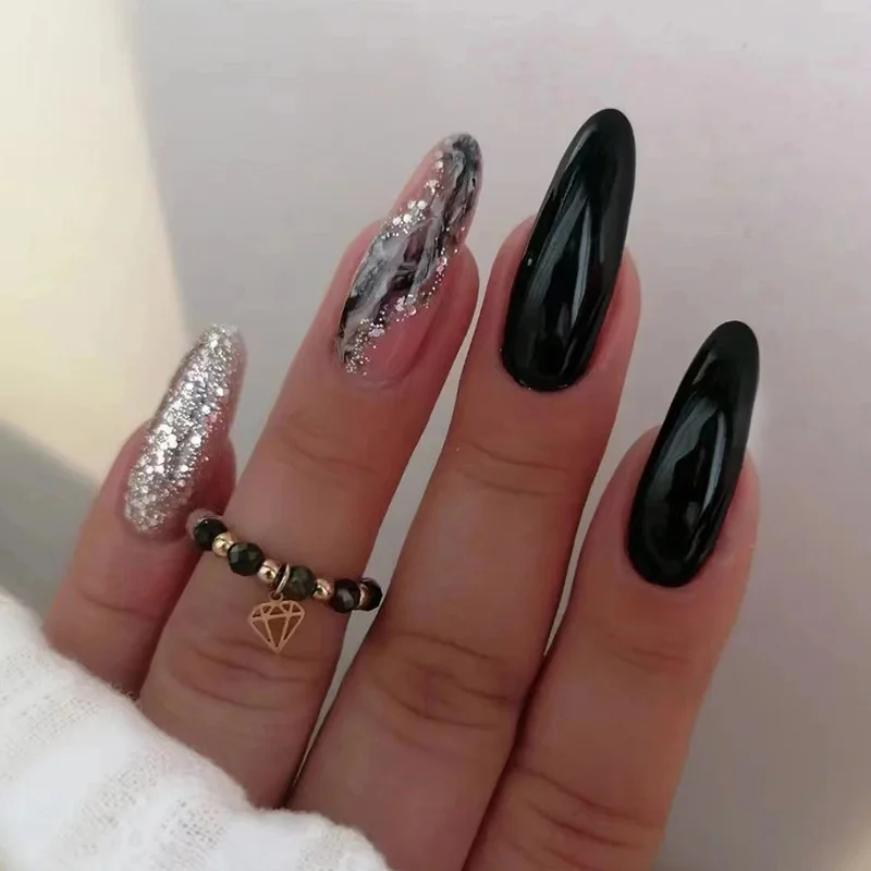 Churchf Churchf Pure Color Galaxy Nail Sweet Cool Hot Girl Ins Wind Almond Nail Black Fake Round Nail Nail